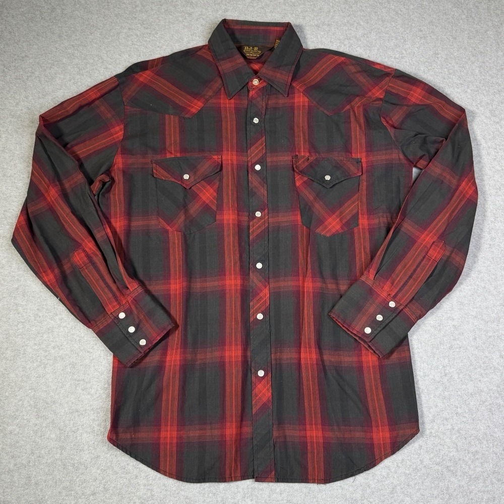BJ-R Long Tail Red Plaid Large Long Sleeve Pearl Snap Shirt Men's L Poly Blend